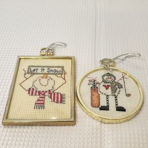 Vintage Cross Stitch Snowman Ornaments Lot Golf & Let It Snow Handmade Framed